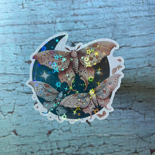 Moths & Moon Boho Holographic Die Cut Vinyl Sticker