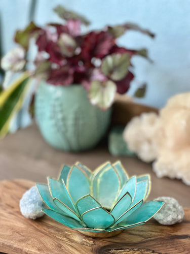 Capiz Shell Lotus Tealight Holder- Gemstone Collection- Aquamarine