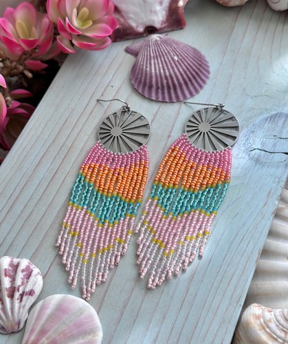 Beach Sunrise Beaded Fringe Earrings