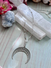 Silver Crescent Moon Labradorite & Rainbow Moonstone Beaded Necklace