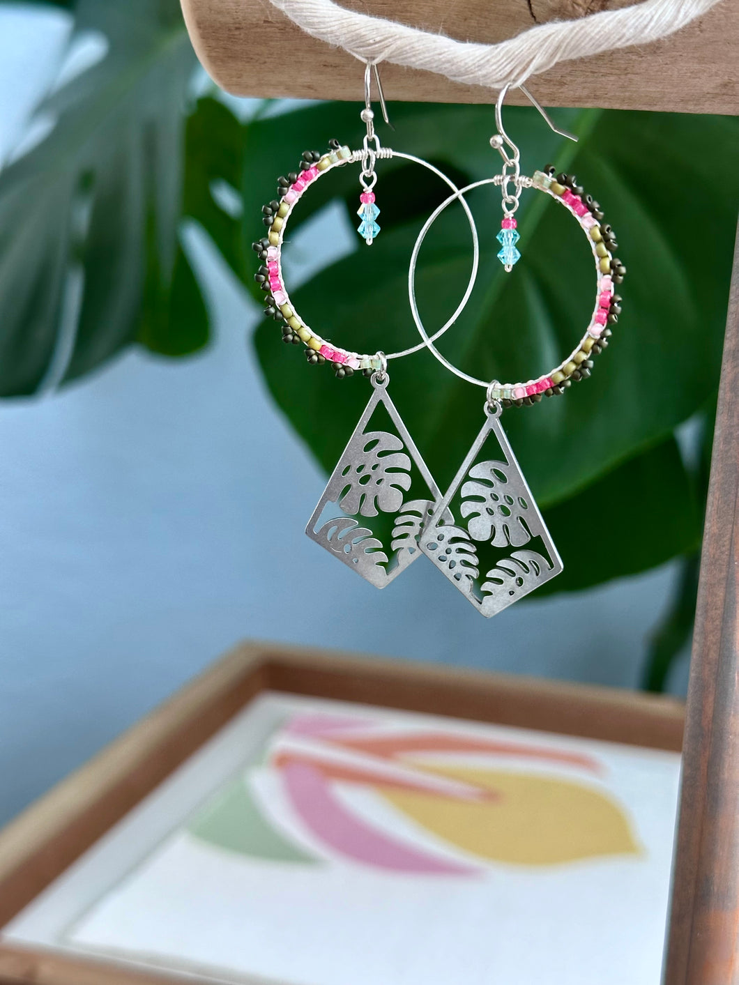 beaded monstera earrings Flamingo Beach Monstera Beaded Hoop Earrings – Earth Meets Water