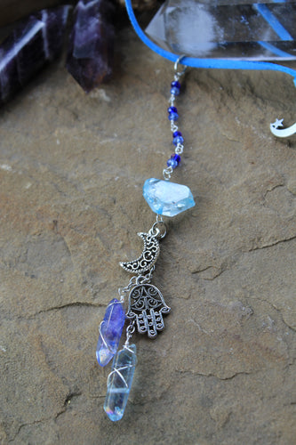 Silver Moon Hamsa Rearview Mirror Accessory - Aquamarine