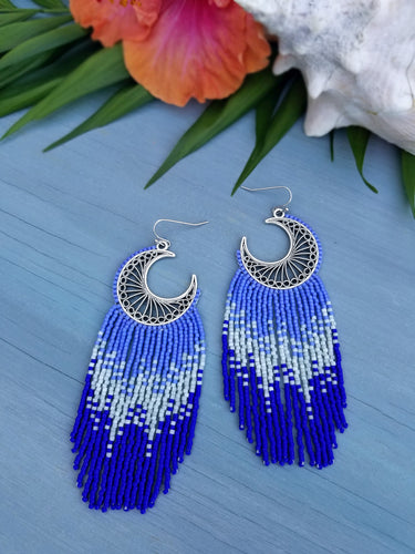 Paradise Island Crescent Moon Beaded Fringe Earrings